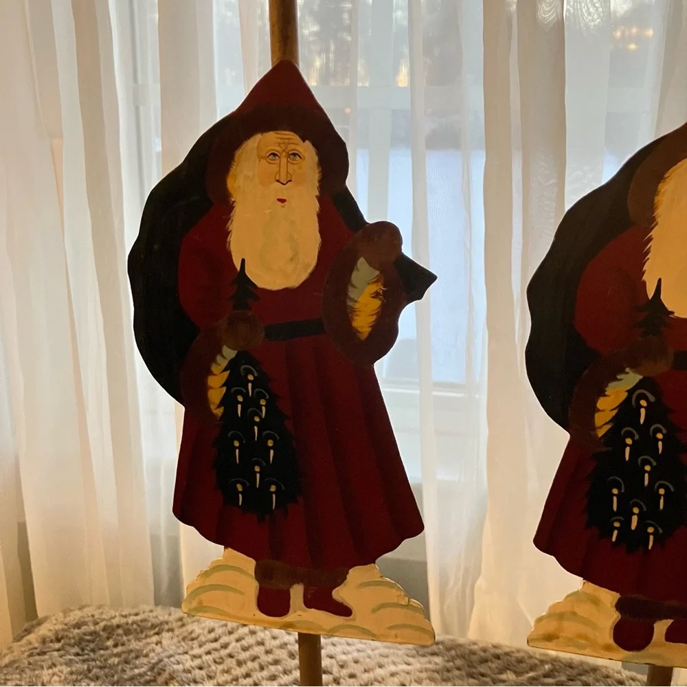 Set of Vintage, Folk Art Style, Farmhouse Santa Claus 19” Metal‎ Candle Holders